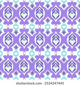 Purple, blue, and white embroidery, motif ethnic ikat seamless textile illustration, print striped ornament, pattern, design for wrapping, silk, scarf, clothing, textile, carpets, curtains.