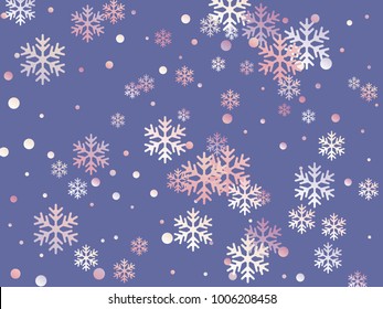 Purple, blue and white snowflake and circle elements vector illustration, chaotic winter confetti scatter banner or poster background. Colorful gradient snow flakes falling winter vector background.