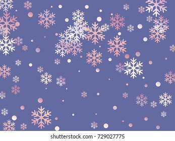 Purple, blue and white snowflake and circle elements vector illustration, chaotic winter confetti scatter banner or poster background. Colorful gradient snow flakes falling winter vector background. 
