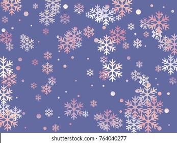 Purple, blue and white snowflake and circle elements vector illustration, chaotic winter confetti scatter banner or poster background. Colorful gradient snow flakes falling winter vector background. 