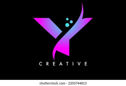 Purple Blue Y Letter Logo Design with Elegant Creative Swoosh and Dots Vector. Modern Trendy Y letter icon with Curved line cut and minimalist Look Vector Illustration.