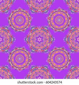 Purple, blue and yellow seamless background flower ornament pattern. Abstract arabesque background for greeting card, presentation or wedding invitations. Traditional vector gothic damask background.