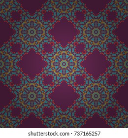 Purple, blue and yellow wallpaper. Paisley and Mandalas. Indian floral backdrop. Vector seamless pattern.
