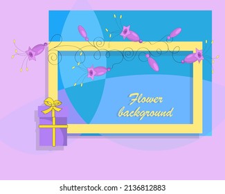 Purple bluebells flowers, gift. Greeting card, frame. Happy mothers day, womens day, valentines day, birthday, pastel candy colors, minimalism background. Vector illustration