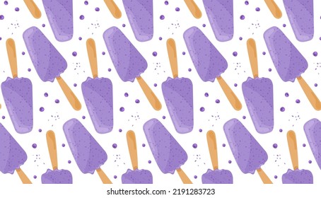 Purple blueberry ice cream stick seamless pattern. Doodle sloppy style sticker label dairy summer kids holiday for business handmade wrapping paper print fabric textile wallpaper festive background