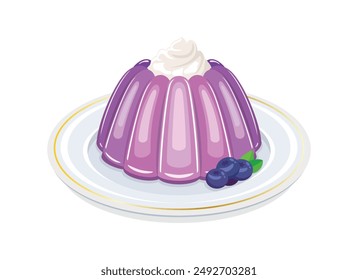 Purple blueberry pudding vector illustration. Purple fruit jelly pudding on a plate icon isolated on a white background. Panna cotta with blueberries and whipped cream drawing