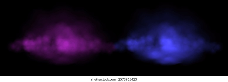 Purple and blur fog or smoke clouds on black background. Realistic smoke effect vector illustration. Gas cloud, smoky mist, toxic vapor, meteorological phenomenon.