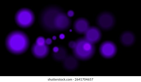 Purple blurred bokeh circles on black background with soft glow, imitating distant lights or defocused highlights in low-light environment.