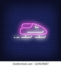 Purple bobsleigh neon sign. Glowing bob with sport team on dark blue brick background. Can be used for sport, winter games, Olympic