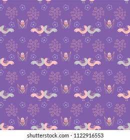 Purple Boho Folk Art Daisies & Love Birds, Seamless Vector Pattern, Hand Drawn Illustration for Summery Fashion Prints, Wallpaper, Stationery, Girly Home Decor, Gift Wrap & Pretty Backgrounds 