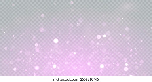 Purple bokeh light dust. Festive glowing bokeh and glitter overlay texture for your design on transparent background. Purple particles abstract vector background.