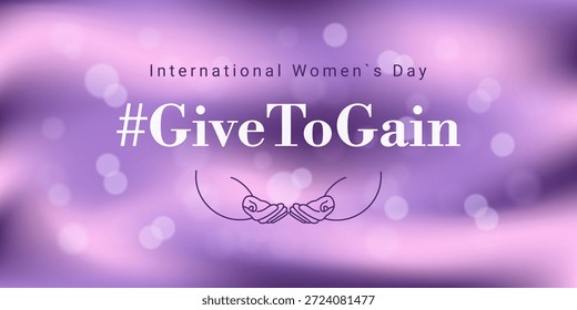 Luzes de Bokeh roxas no fundo gradiente. Dar ao modelo Ganhar com gestos das mãos. Dia Internacional da Mulher GivetoGain. Brilho suave para banner IWD 2026. Resumo fundo violeta borrado.