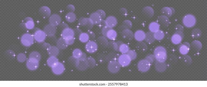 Purple bokeh with stars and sparkles, shiny overlay decoration isolated on grey background.