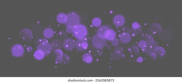 Purple bokeh with stars and sparkles, shiny overlay decoration isolated on grey background.