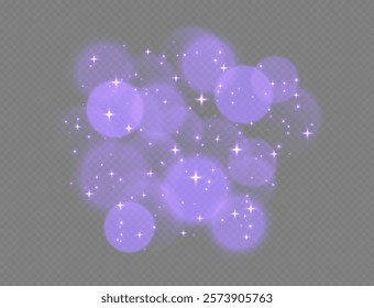 Purple bokeh with stars and sparkles, shiny overlay decoration isolated on grey background.