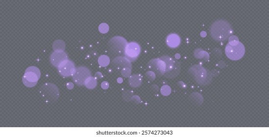 Purple bokeh with stars and sparkles, shiny overlay decoration isolated on grey background.