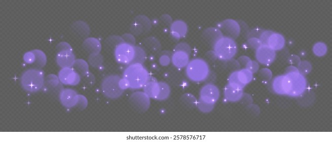 Purple bokeh with stars and sparkles, shiny overlay decoration isolated on grey background.