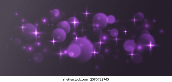 Purple bokeh with stars and sparkles, shiny overlay decoration isolated on dark background.