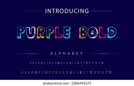 Purple Bold Funky colorful cartoon font type. Vector alphabet