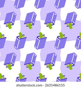Libro púrpura y patrón de marcador. Libros de dibujos animados de color púrpura con marcadores verdes dispuestos en un diseño diagonal sin fisuras sobre una lavanda a cuadros y fondo blanco en estilo plano.
