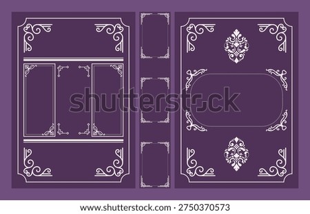 Purple book cover, framed design, vintage corner decoration.
