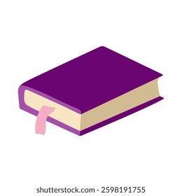 A purple book with a pink ribbon on the spine. The ribbon is attached to the book with a paper clip