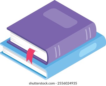 Purple book resting atop a light blue one, both featuring white pages, creating an isometric illustration that embodies the concepts of learning and reading in a modern style