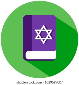 A purple book with a star of David icon in a green circle, isolated on white background. Vector icon.