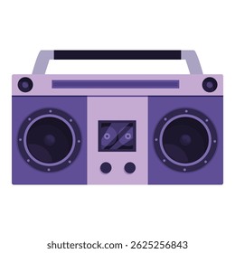Purple boombox playing music with a cassette tape inside
