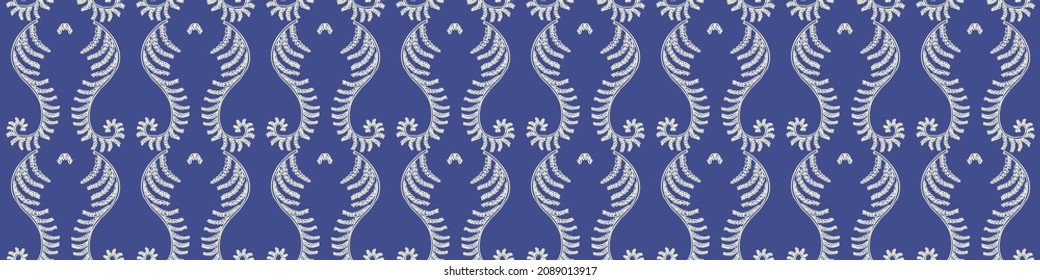 Purple botanical Fern very peri seamless Border. Colorful trend tone on tone. Foliage floral effect background. Vector tile.