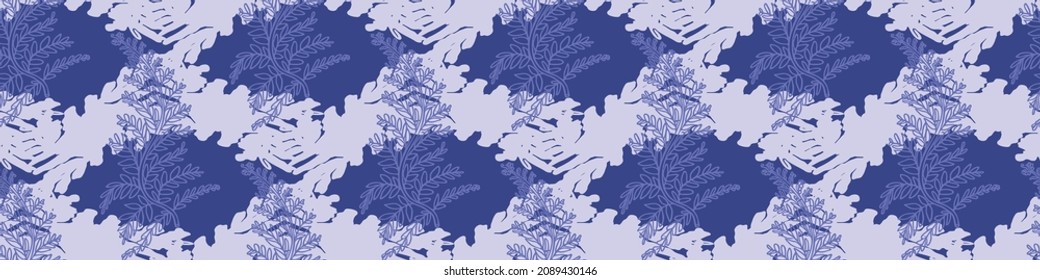 Purple botanical Fern very peri seamless Border. Colorful trend tone on tone. Foliage floral effect background. Vector tile.