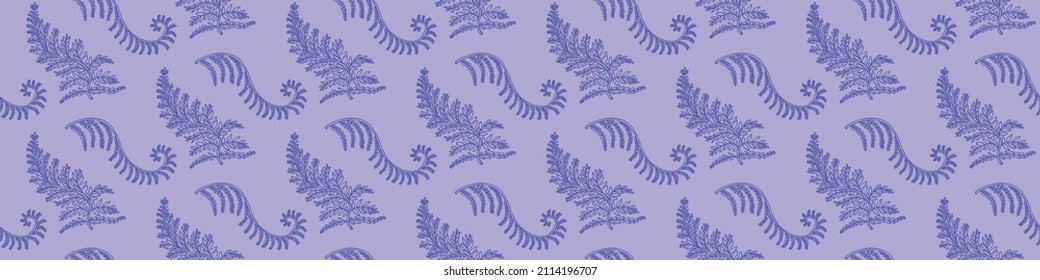 Purple botanical Fern very peri seamless Border. Colorful trend tone on tone. Foliage floral effect background. Vector tile.