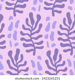 Purple botanical groovy seamless pattern. Modern hand drawn background with liquid fern leaf and dots. Abstract wavy repeat vector illustration. Kawaii style for fabric, textile, greeting card