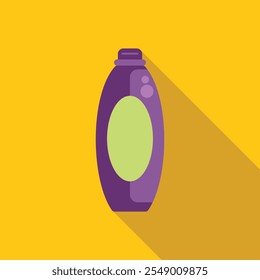 Purple bottle with green label casting a long shadow on a yellow background, perfect for representing cleaning products or personal care items