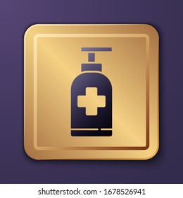 Purple Bottle of liquid antibacterial soap with dispenser icon isolated on purple background. Antiseptic. Disinfection, hygiene, skin care. Gold square button. Vector Illustration
