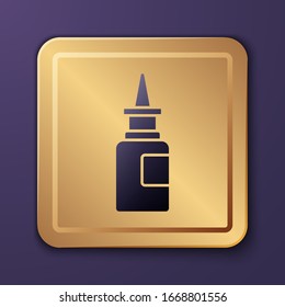 Purple Bottle nasal spray icon isolated on purple background. Gold square button. Vector Illustration