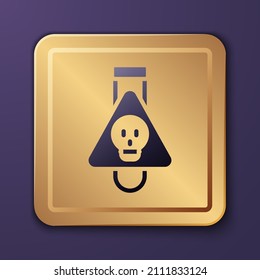 Purple Bottle with potion icon isolated on purple background. Flask with magic potion. Happy Halloween party. Gold square button. Vector