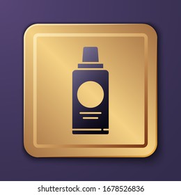 Purple Bottle of shampoo icon isolated on purple background. Gold square button. Vector Illustration