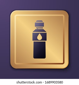 Purple Bottle of water icon isolated on purple background. Soda aqua drink sign. Gold square button. Vector Illustration