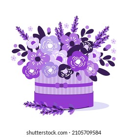 Purple bouquet of flowers in a gift box. Vector clipart.