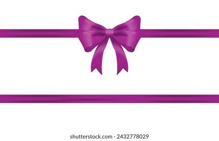 purple bow and horizontal ribbon realistic shiny satin with shadow for decorate your christmas card or website vector EPS10 isolated on white background.