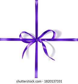 Purple bow made of narrow crosswise ribbon with shadow on white background. Criss-cross arrangement