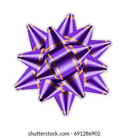 Purple bow ribbon decor element package Shiny color satin decoration for gift present, holiday design, isolated white background. Symbol Christmas, New Year celebration, birthday Vector illustration