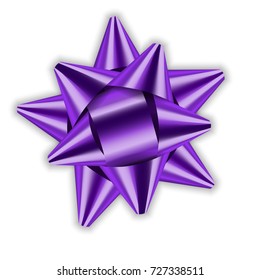 Purple bow ribbon decor element package Shiny color satin decoration for gift present, holiday design, isolated white background. Symbol Christmas, New Year celebration, birthday Vector illustration