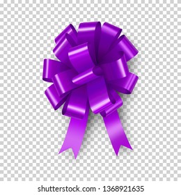 Purple bow with ribbon with shadow isolated on transparent background. Realistic decoration for holidays. Beautiful decor from silk vector illustration. Christmas or birthday packing element.