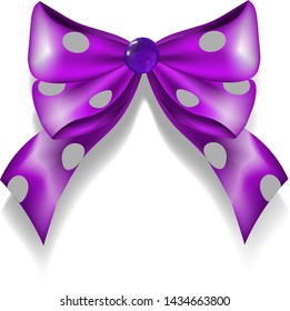 Purple bow of satin ribbon with white polka dots with a pebble in the middle. White background and shadow. Vector illustration.