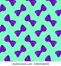Purple bow, seamless pattern on green background.