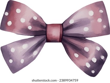 Purple bow with white spots, watercolor vector illustration and christmas element. Template for gift decoration, greeting cards, invitation, wedding card, save the date, celebration, anniversary.