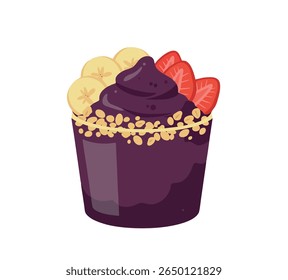 Purple açaí bowl with banana, strawberry, and crunchy granola toppings – flat cartoon-style healthy food concept.
