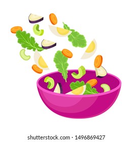 Purple bowl with slices of boiled egg and vegetables. Vector illustration on a white background.